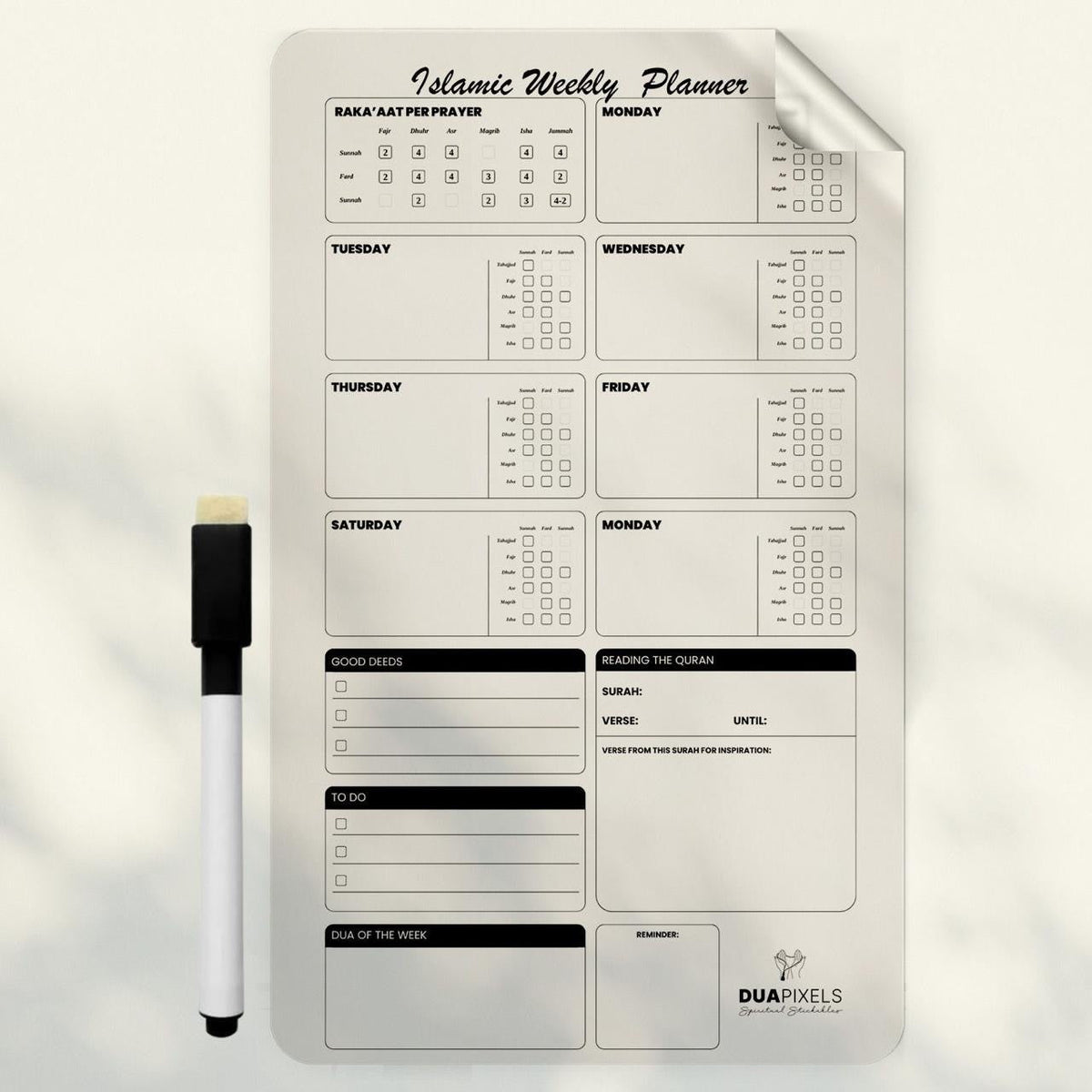 Islamic weekly planner sticker on a kitchen wall - Dua Pixels