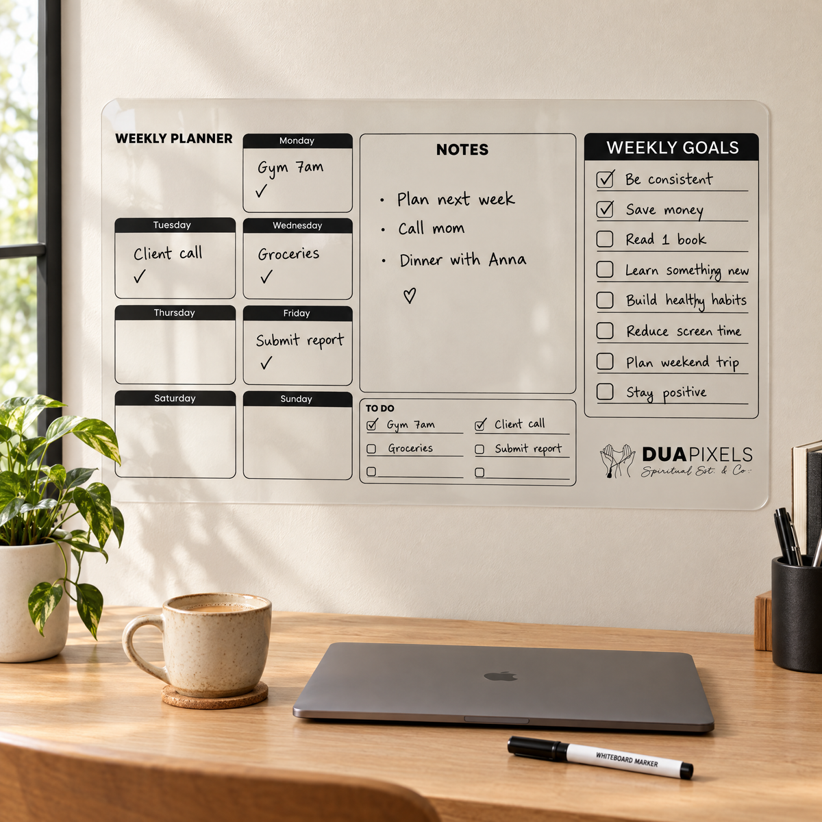 Reusable weekly planner wall sticker with seven day columns written in dry-erase marker