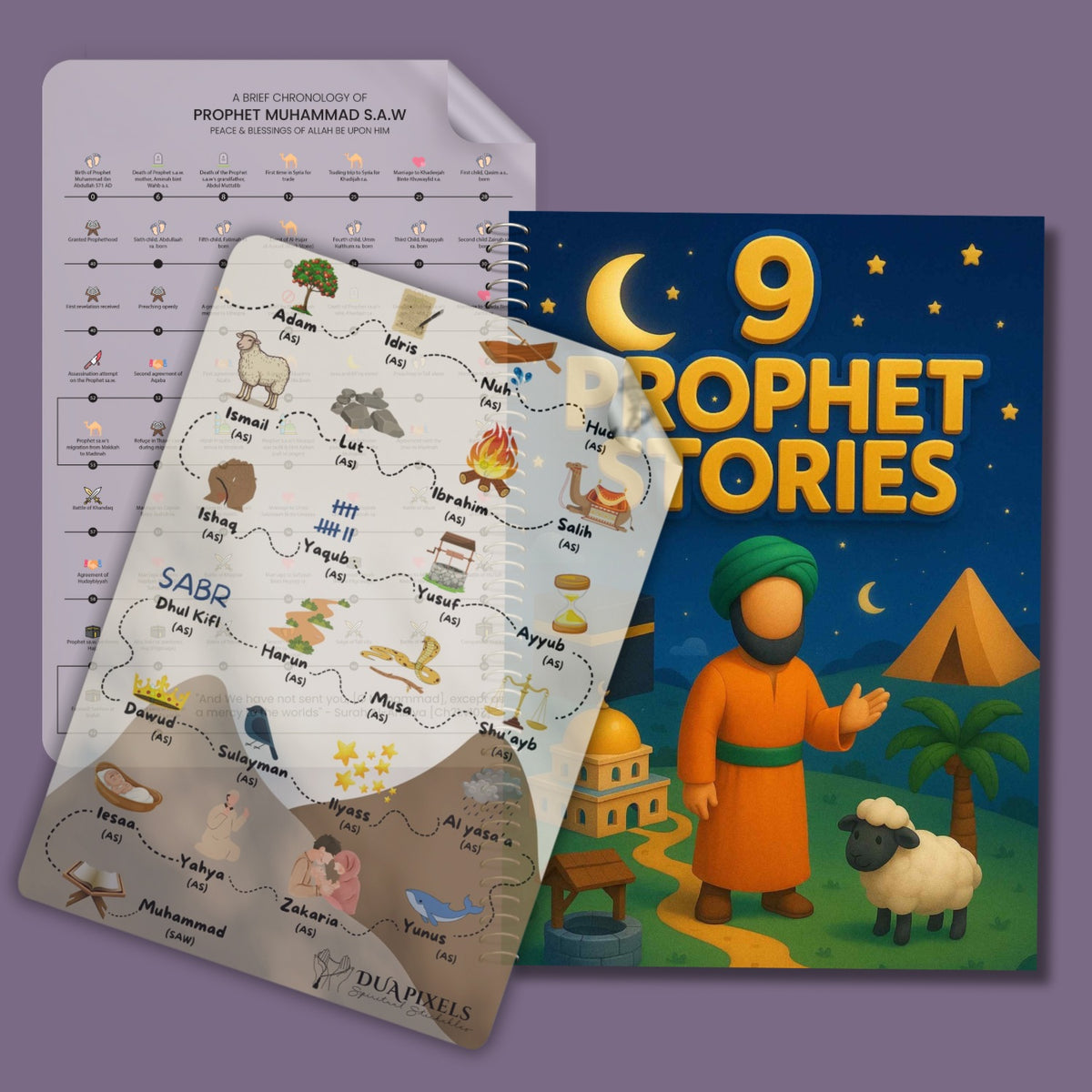 9 Prophet Stories Book + 25 Prophet Sticker + Chronology of Muhammad (S.A.W.W) Pack of Three main design