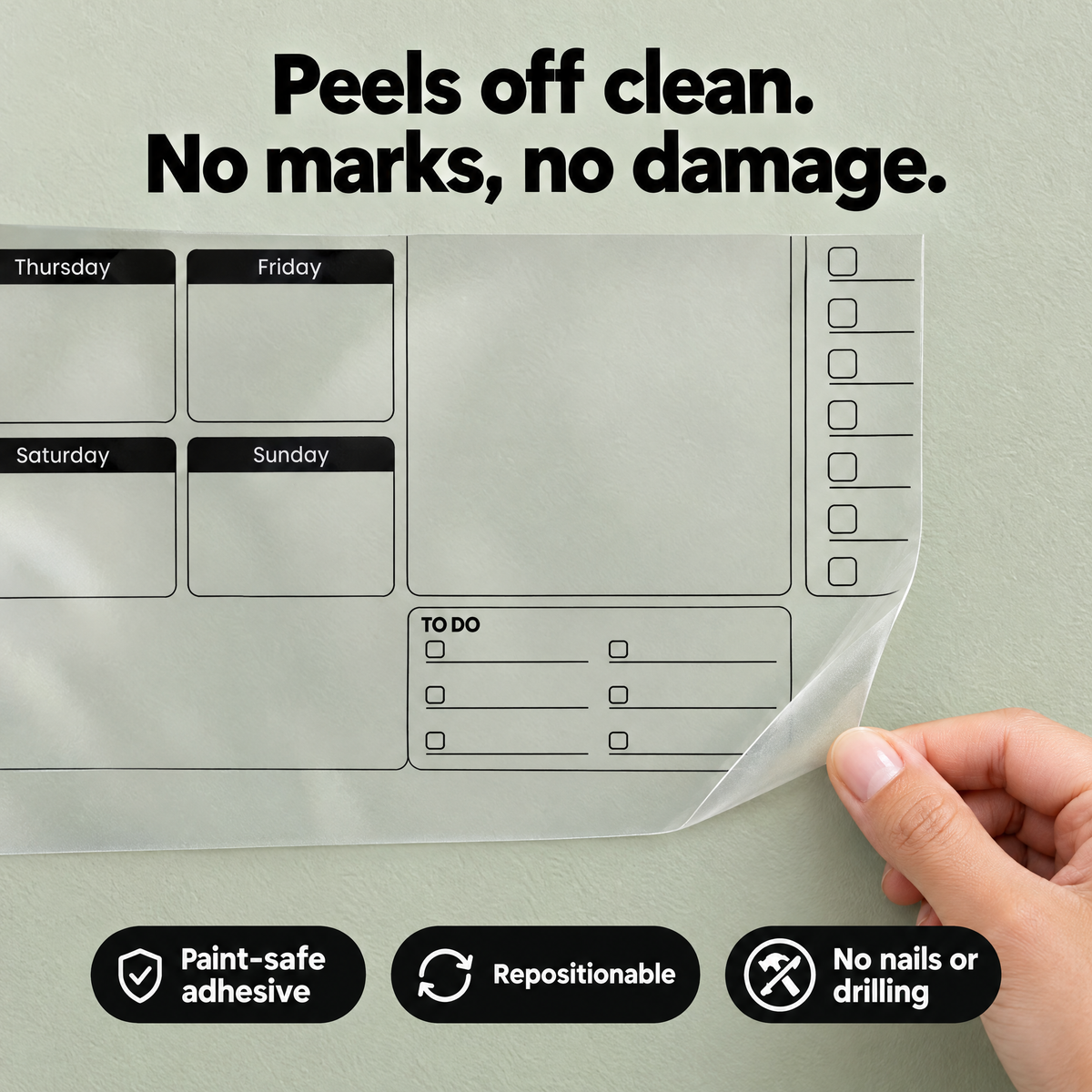 Wall-safe planner sticker peels off clean with no marks or damage to paint