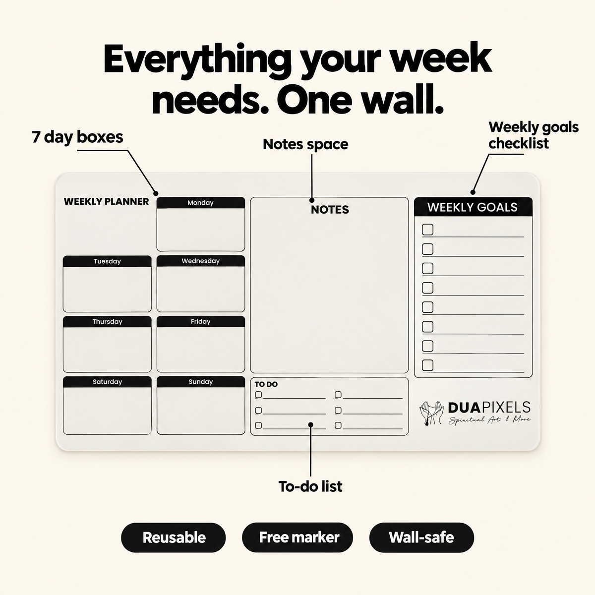 Weekly planner layout: 7 day boxes, weekly goals checklist, notes space and to-do list