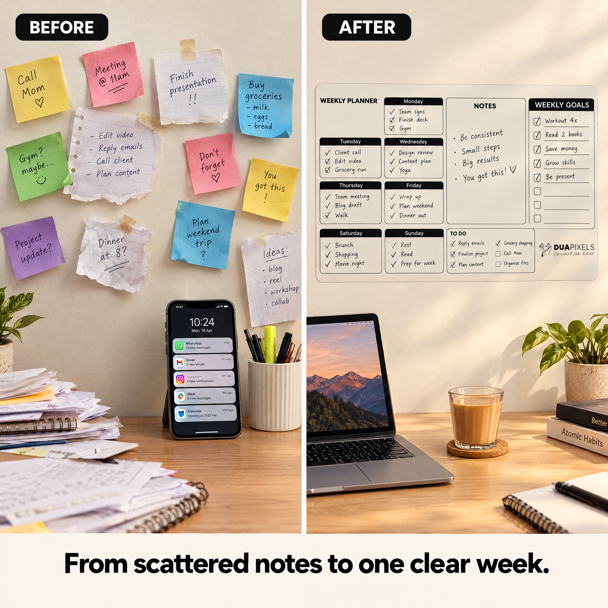Before and after: from scattered sticky notes to one clear weekly wall planner