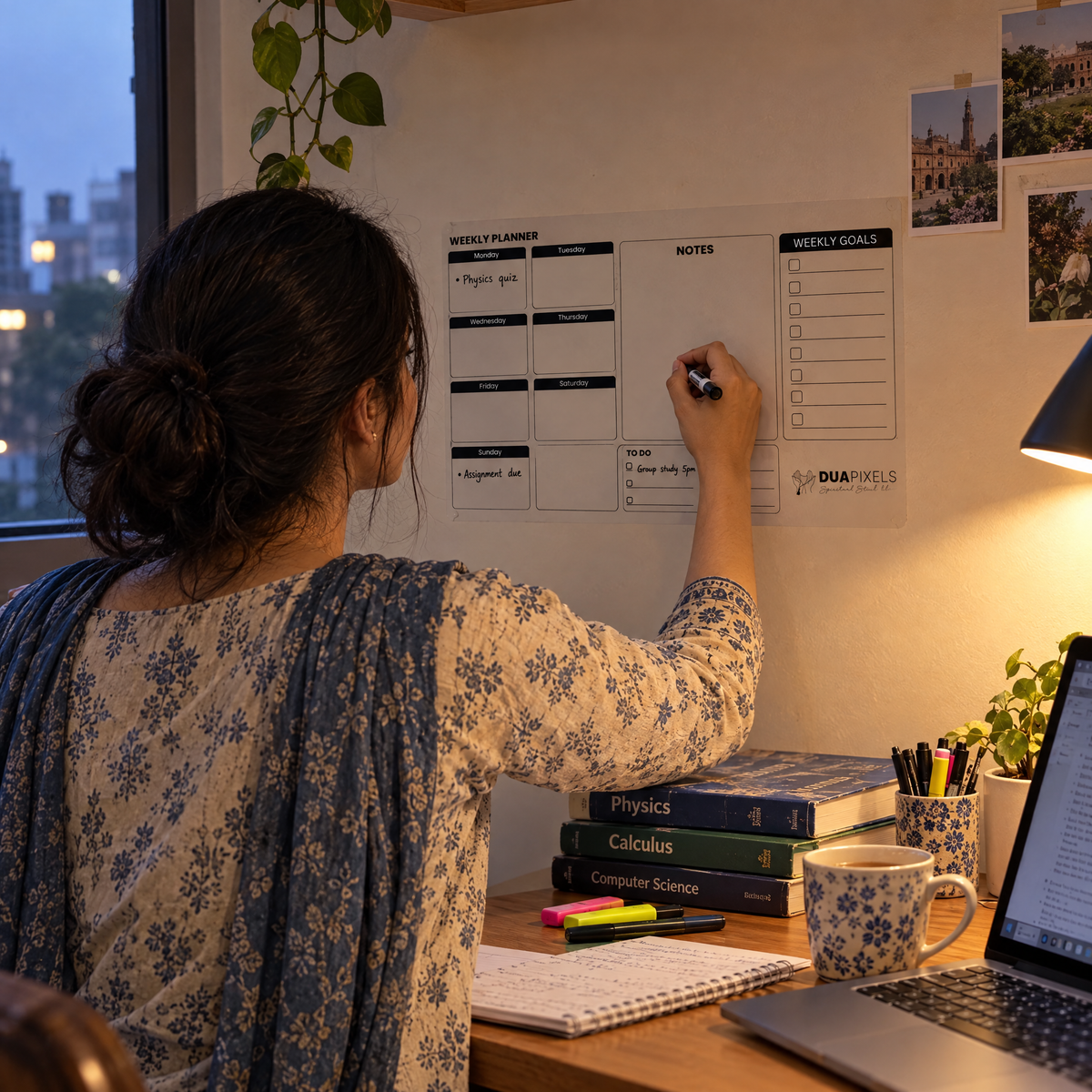 Student planning exam week on the DuaPixels weekly wall planner above a study desk