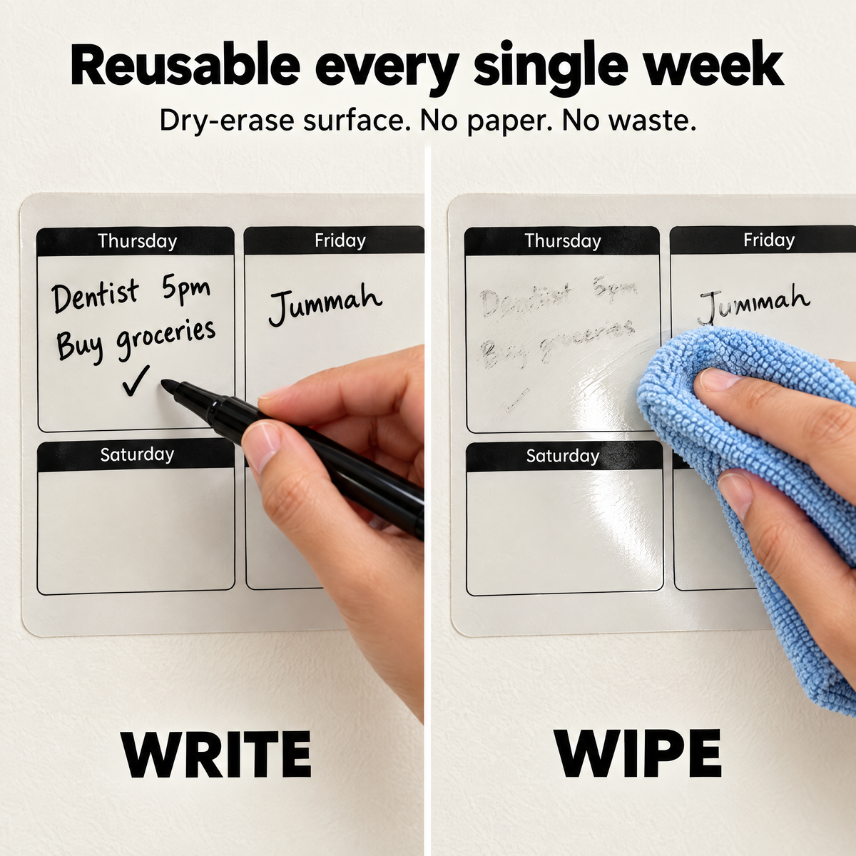 Write and wipe: reusable dry-erase weekly planner surface