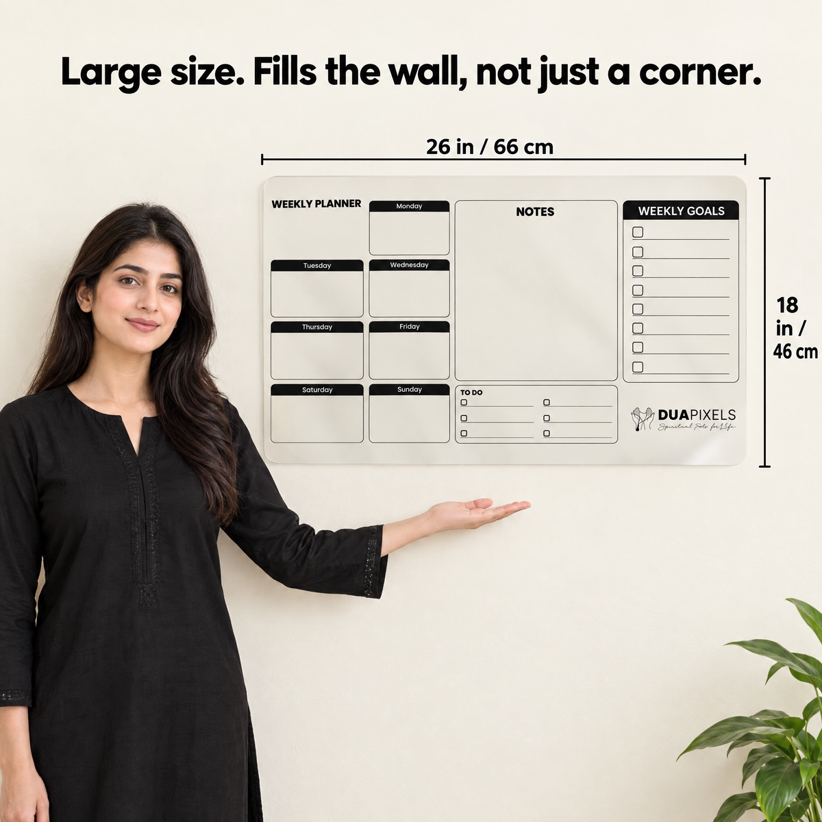 Size guide: large weekly planner 26 x 18 inches (66 x 46 cm) shown against a person for scale
