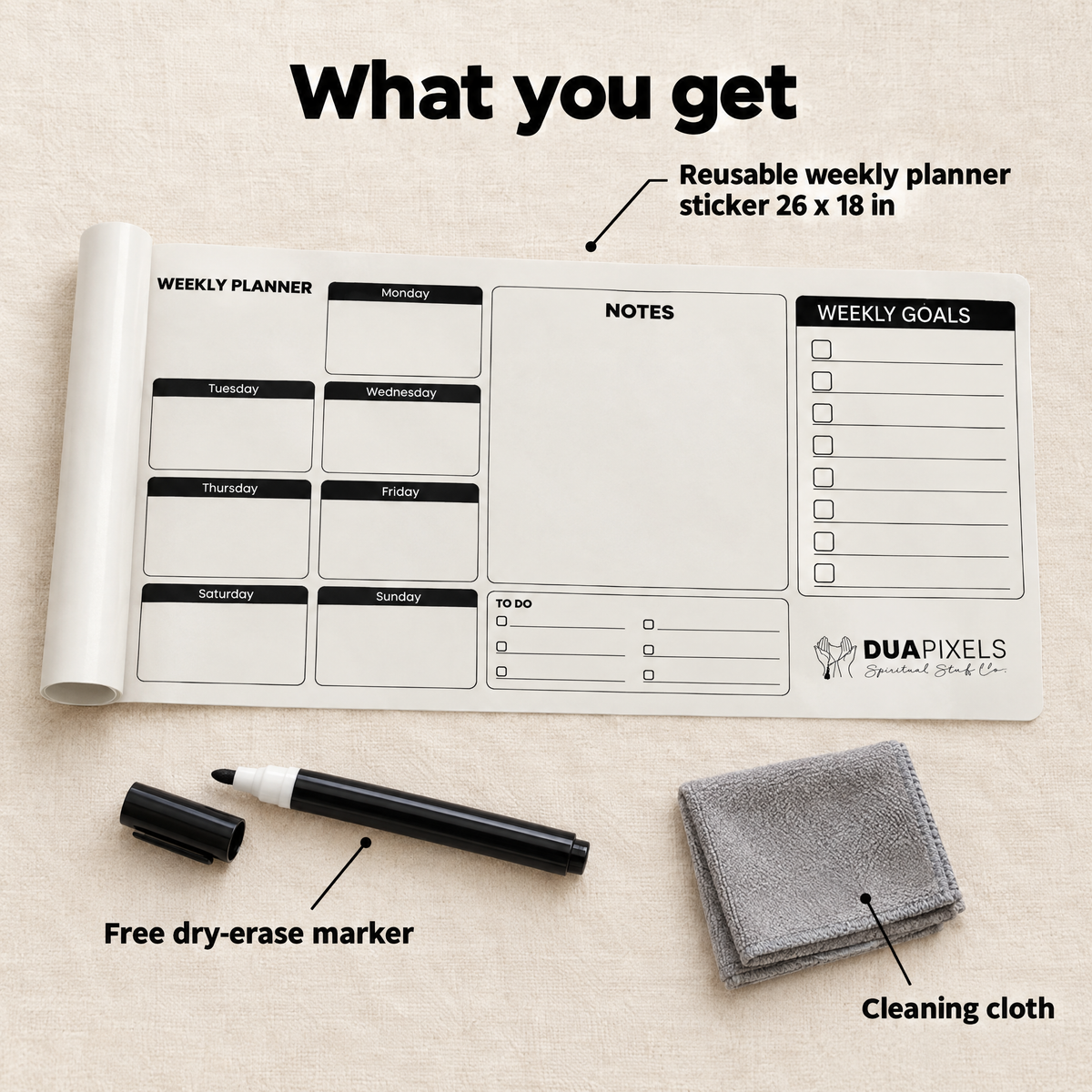 What you get: reusable weekly planner sticker 26 x 18 in and a free dry-erase marker