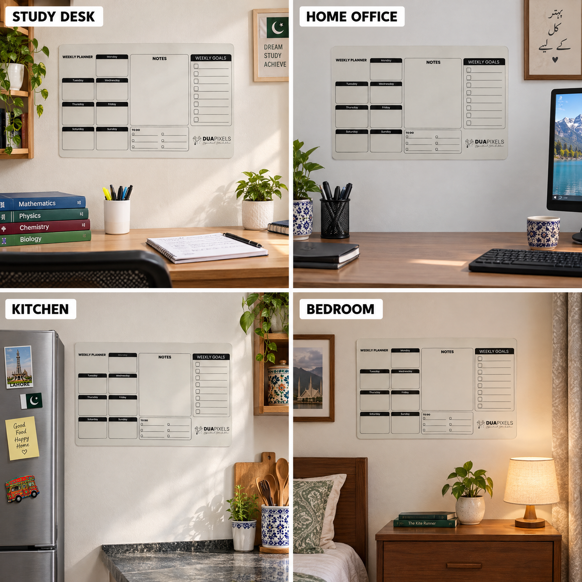 Weekly planner wall sticker in a study, home office, kitchen and bedroom